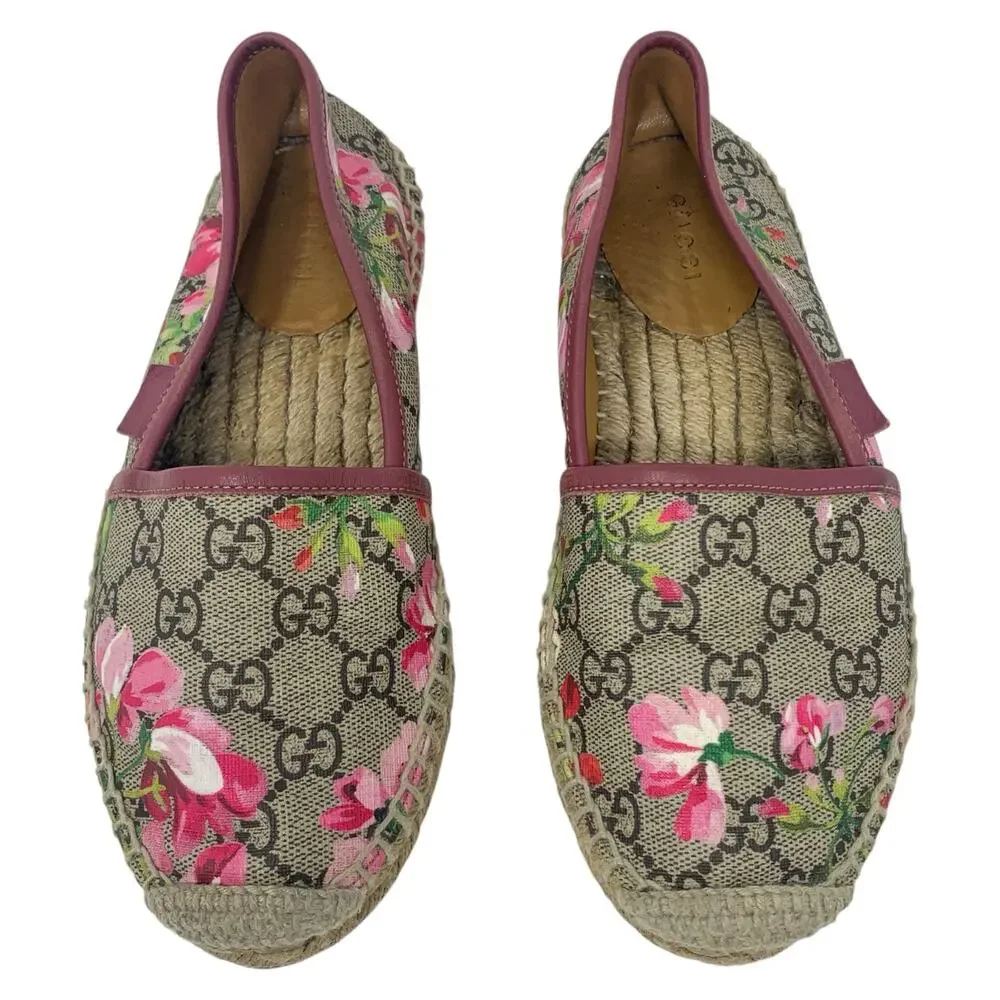 Gucci Bloom GG Supreme Monogram Canvas Pink Floral Print Espadrille Flats 34